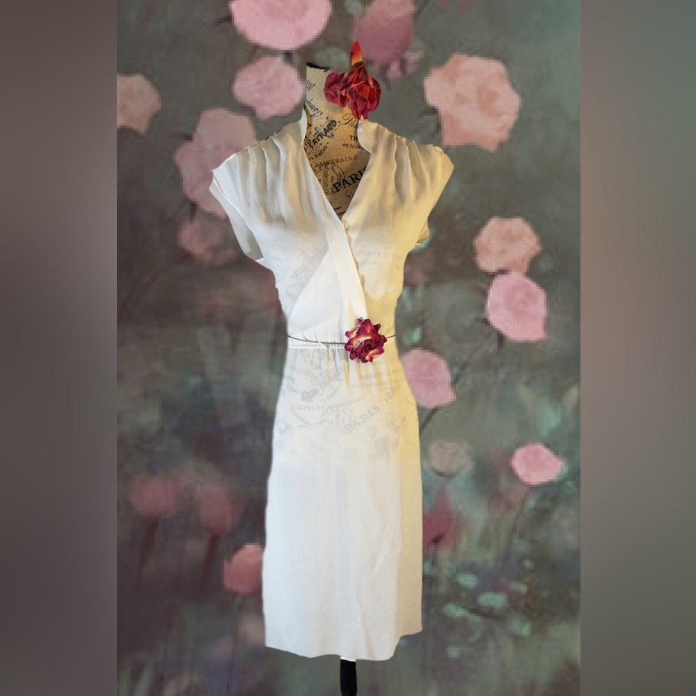 Stunning vintage! White V-neck dress with embroidered shoulder, detail, medium